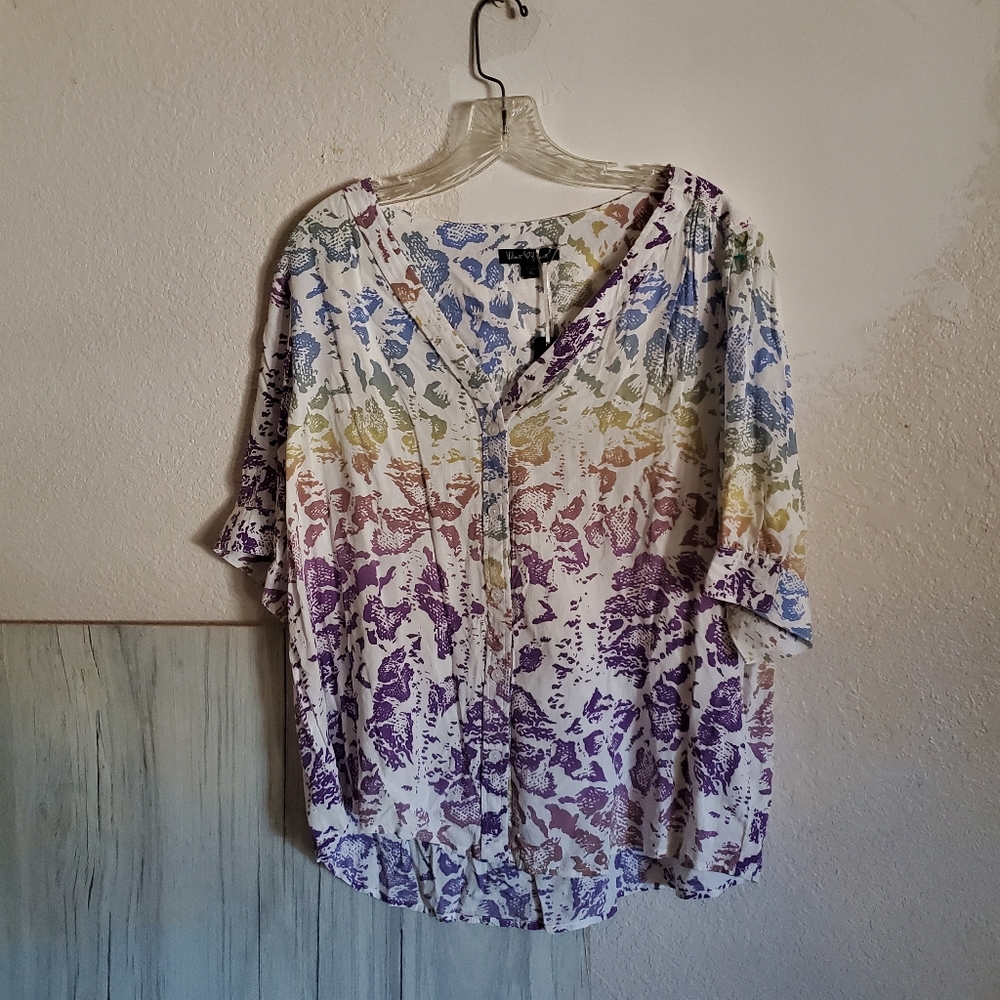 Velvet Heart V-neck Button Down Short Sleeve Blouse Rayon Loose Fit Women's XL